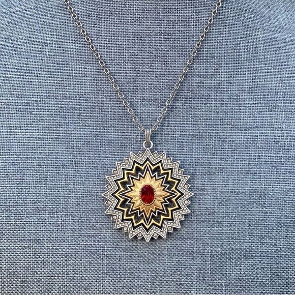 NWT New Brighton Gold/Silver Reversible Dynasty Sol Necklace w/Red Crystal - Picture 6 of 9